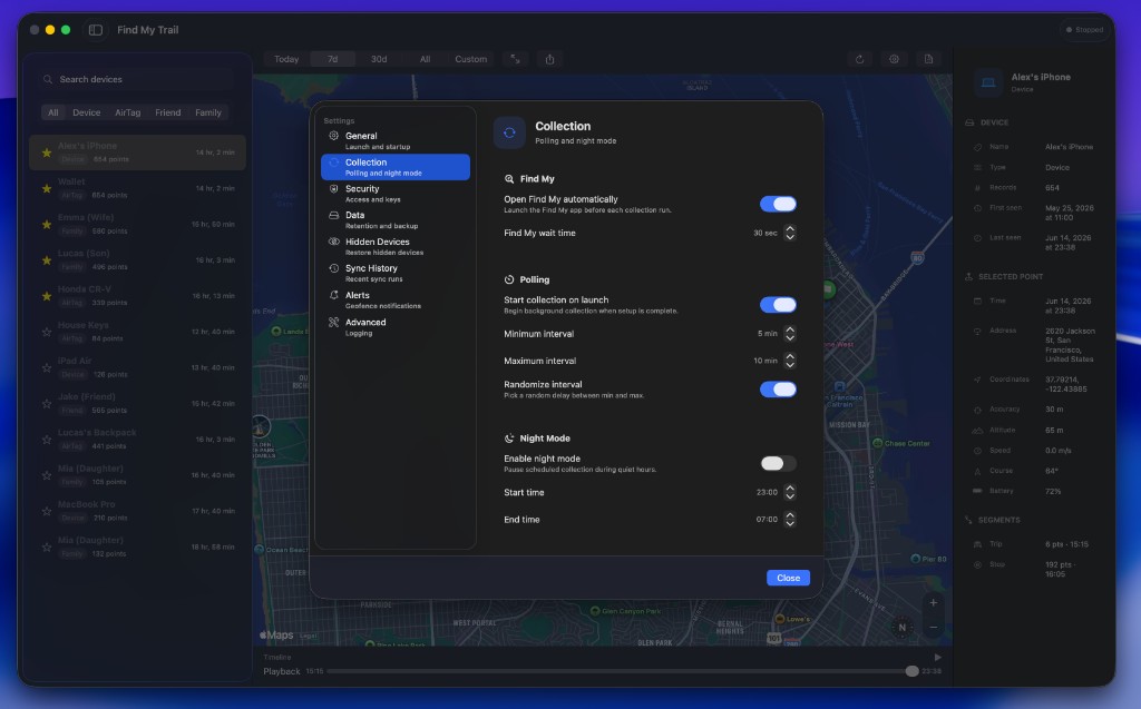 Find My Trail main window showing map, device list, timeline, and detail panel