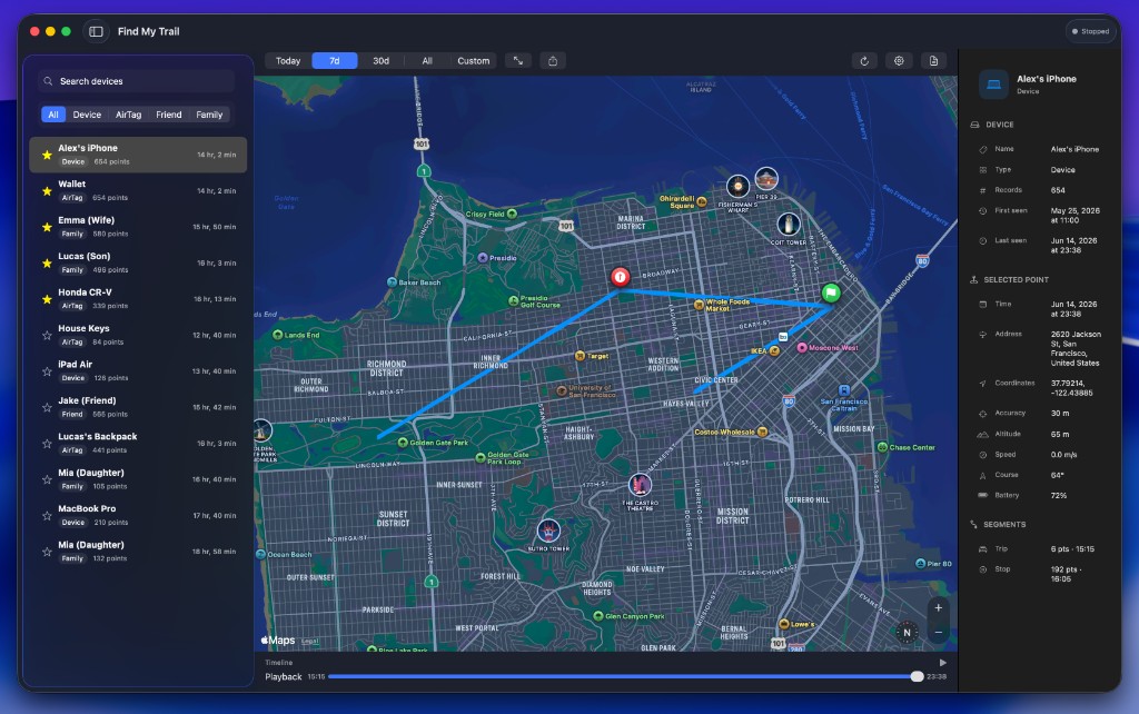 Find My Trail settings with collection polling and night mode options